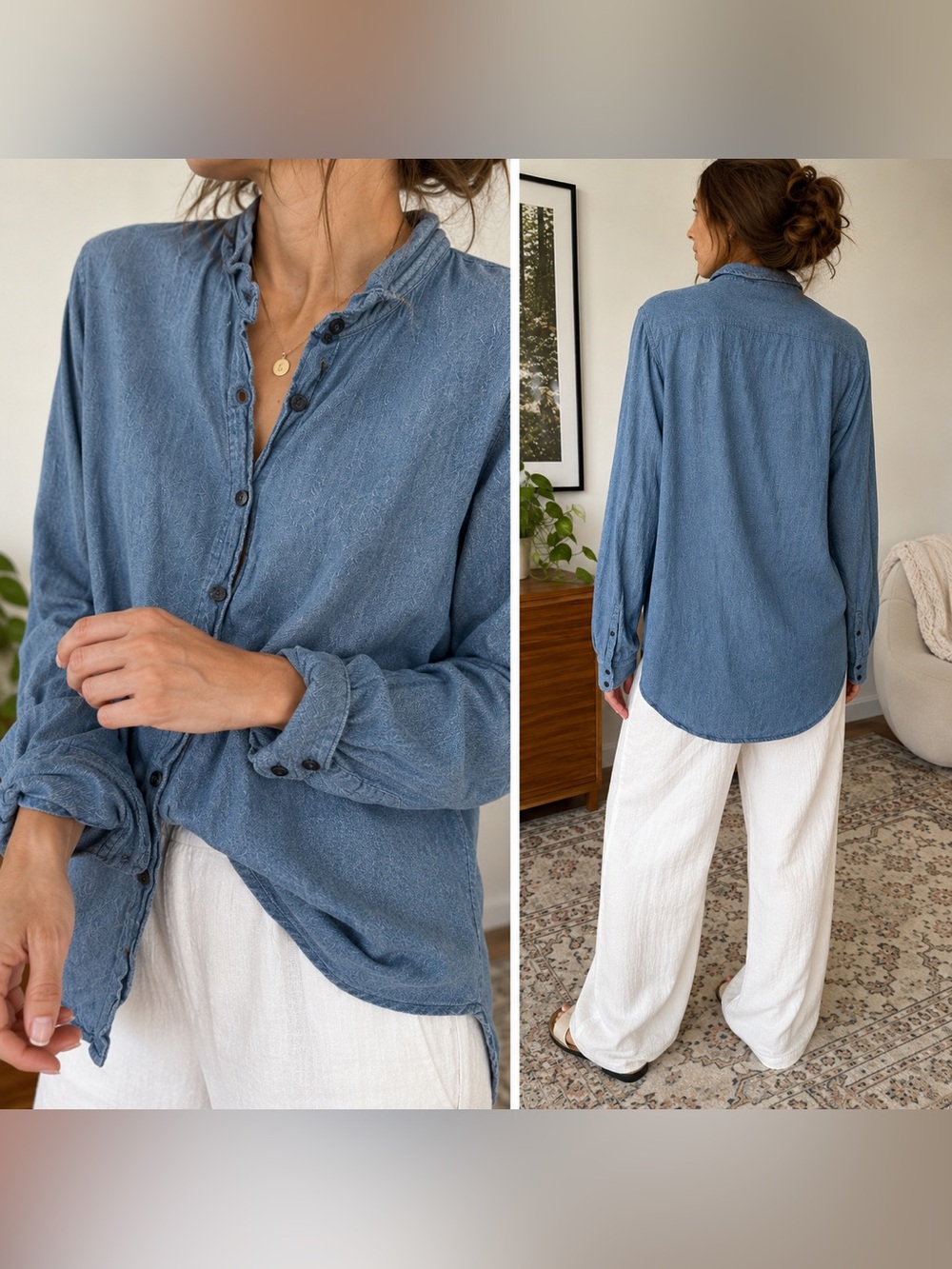CP Shades Blue Linen Cotton Button Up Shirt Oversized L - Picture 4 of 6